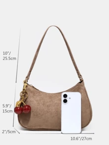 1个 Novachic 柔软绒面短款驼色可爱樱桃装饰简约单肩包，拉链封口，复古风格，腋下包，适合多种场合，秋冬季 - 卡其色 - 查看 7