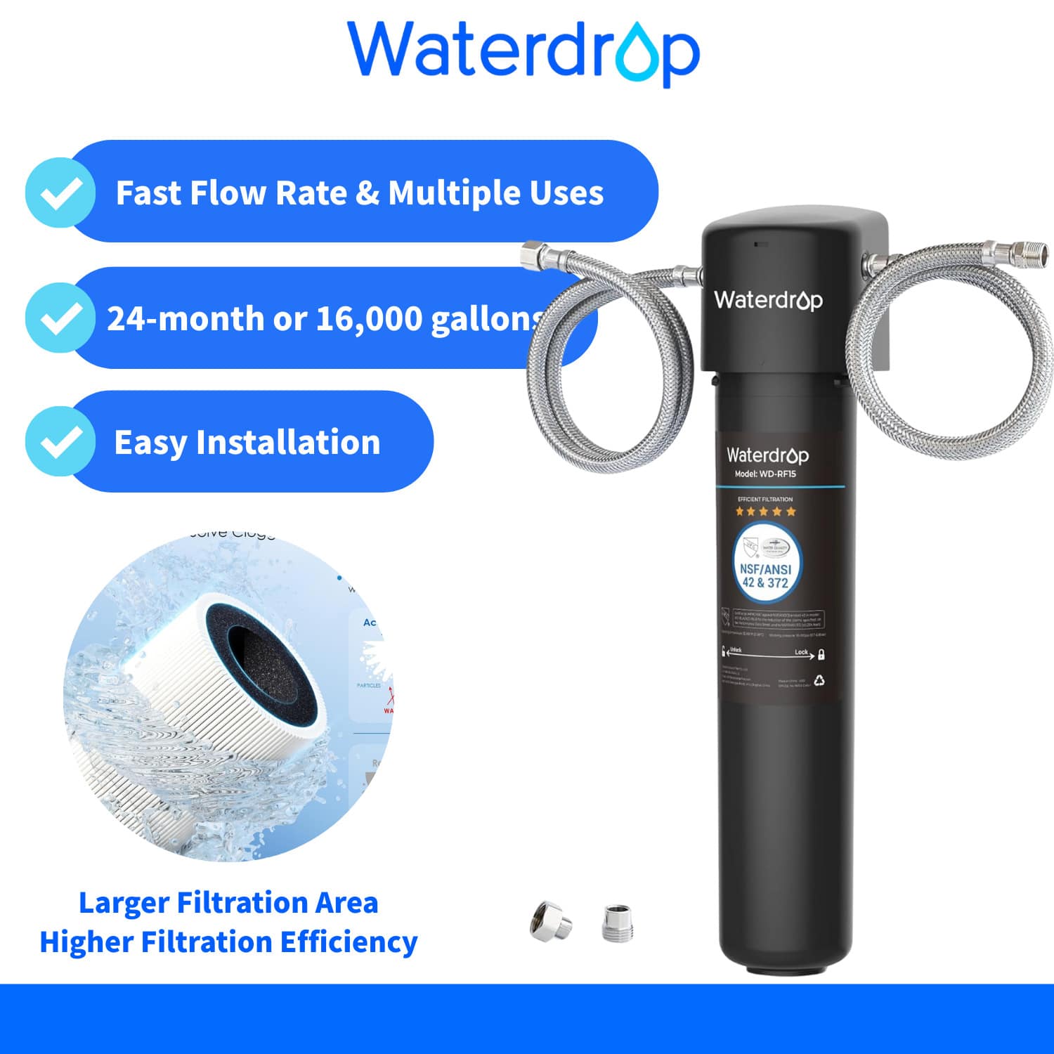 Waterdrop 15UA Undersink Water Filter System, 60,000 Liter High Capacity Water Filter Drinking Water, NSF/ANSI 42 Certified, Reduces PFAS, PFOA/PFOS, Lead, Chlorine, Odor - 15UA - 查看 1