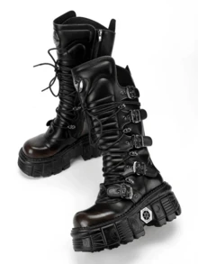 2025 New Fall/Winter Punk Mid Length Boots For Women Round Toe Solid Color Lace Up Thick Sole Thick Heel Fashionable Outdoor Party Boots Halloween Easter Street Style Motorcycle Shoes - màu nâu - Xem 5