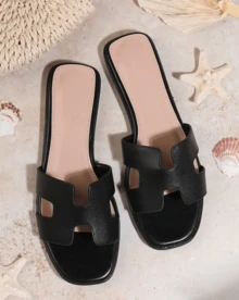 Sandalias planas de mujer de un solo color versátiles y de moda, sandalias blancas minimalistas de tacón abierto con correas de inspiración de lujo para mujer,Color Negro Blanco Cafe básicas de uso diario, tipo slip-on - Negro - Ver 2