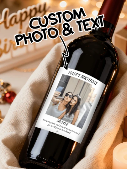 Custom Wine Label | Birthday Wine Bottle Label | Custom Photo Wine Label Sticker | Personalized Best Friend Party Favor | Happy Birthday Decoration | Perfect For Christmas New Year Thanksgiving Valentine's Day | Bestie Celebration Gift | Customizable Text | Wine Bottle Sticker For Holiday Parties & Birthday Gifts Gift For Him/Her Champagne Whiskey Tequila Label