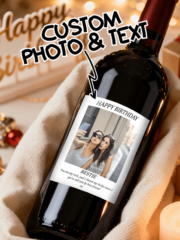 Custom Wine Label | Birthday Wine Bottle Label | Custom Photo Wine Label Sticker | Personalized Best Friend Party Favor | Happy Birthday Decoration | Perfect For Christmas New Year Thanksgiving Valentine's Day | Bestie Celebration Gift | Customizable Text | Wine Bottle Sticker For Holiday Parties & Birthday Gifts Gift For Him/Her Champagne Whiskey Tequila Label