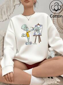 SPONGEBOB Felpa girocollo oversize da donna con stampa cartoon, vestibilità comoda, per la primavera/autunno. Il signor Polpo dipinge il suo autoritratto con una tavolozza, irradiando un tocco artistico. Realizzata in puro cotone per il massimo comfort, arricchisce senza sforzo il tuo look quotidiano con un tocco bohémien. Amanti dell'arte, acquistate subito la vostra!