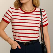 Casual Babylook Striped T-Shirt Blouse Basic Stripes Women's Fashion - MÀU ĐỎ - Xem 1