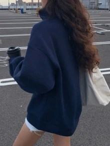 女式宽松立领半拉链长袖运动衫，动感印花时尚美式街头风上衣，秋冬新品 - 藍色 - 查看 4