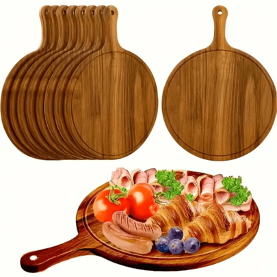 Round Wooden Serving Board With Handle - Wooden Serving Tray, Pizza Board, Suitable For Pizza, Bread, Cheese, Cooked Meats, Fruits, Vegetables - Cheese Platter, Durable, Easy To Clean, Multipurpose Wooden Tray, Kitchen Essential, Kitchen/Dining Utensil