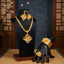 5 قطع/مجموعة مجوهرات عربية تقليدية أنيقة لعيد الأضحى للعروس، تشمل قلادة بزهرة مفرغة، خاتم، سوار، أقراط، مناسبة لاكسسوارات الزفاف والحفلات