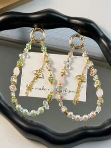 1pc Tassel Beaded Bracelet With Green Bead & White Fan Pendant, Chinese Style Bracelet, Phone Case, Keychain, Bag Charm