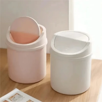 1pc Portable Trash Can With Lid, Space-Saving Desktop Garbage Can With Flip-Top Design, Durable Plastic Material Suitable For Home, Office, Kitchen, Bathroom, Bedroom, Compact Cylindrical Shape, Easy To Clean Waste Bin, Portable For Workstation