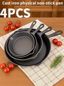 4-Piece Cast Iron Frying Pan Set, Kitchen Pot Set, Physical Non-Stick Pans With Integrated Anti-Scalding Handles, 10.2", 7.87", 6.3", 5.51" Pans, Suitable For Frying, Stir-Frying, Cooking, Pizza, Black, Cast Iron Cookware, Frying Pan