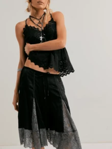 Womens Free Lace Trim Patchwork Wide Leg Half Slip People Fp  Knee Length Ruffle Hem Flowy Shorts With Pockets Y2k Going Out Swing Drawstring Bloomer Skort Cute Low Rise Satin Capri Mid Pants - Black - View 4