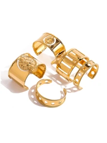 5pcs 18K Gold Plated Stainless Steel Exaggerated Thick Gold Bangle Bracelets, Bohemian Style Gifts For Women, Gold Bracelets, Women's Jewelry, Ins Style, Delicate Gifts