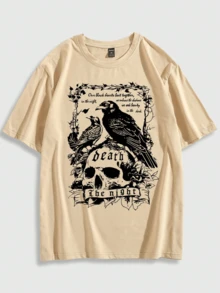 Raven Skull Unisex Cotton Slogan T-Shirt - Khaki - View 4