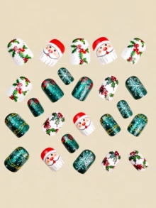 圣诞节必备美甲：法式尖头指甲、圣诞老人雪花图案指甲、可爱假指甲、秋季贴片指甲、绿色指甲 - 綠色 - 查看 3