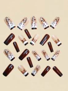 Brown Leaf Pattern Nails,French Tip Nails,Fall Nail Stickers,Suitable For Festivals, Parties, Friends' Gatherings, Dates, And Daily Wear, It Is The Perfect Nail Art Gift For Ladies Or Girls. Press On Nails