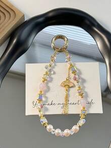 1pc Tassel Beaded Bracelet With Green Bead & White Fan Pendant, Chinese Style Bracelet, Phone Case, Keychain, Bag Charm