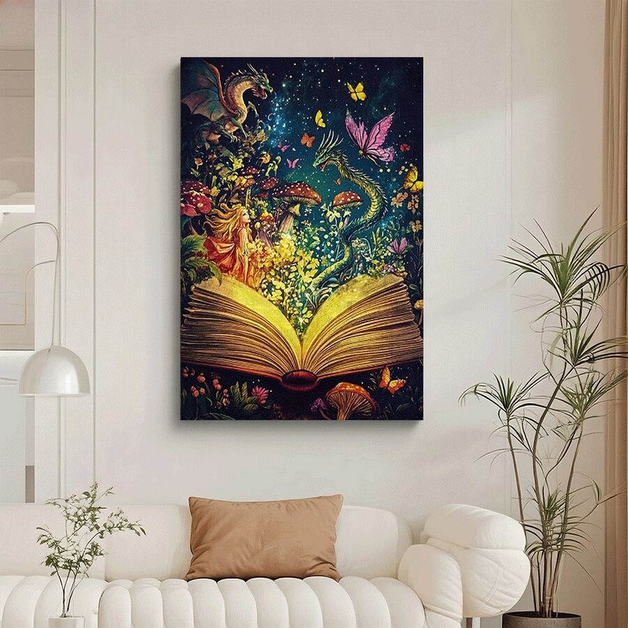 Framed 2D Canvas Modern Wall Art 1pc Enchanted Fantasy World Canvas Poster - Open Book Magical Dragons, Butterflies, Fairy In Mystical Forest - Vintage Gothic Wall Decor - Ready-To-Hang Wrapped Canvas Print For Living Room, Bedroom, Home Office - Graduation Gift For Fantasy Lovers, Fairy Decor, Classic Art, Wooden Frame, - Framed(框架) - 查看 1