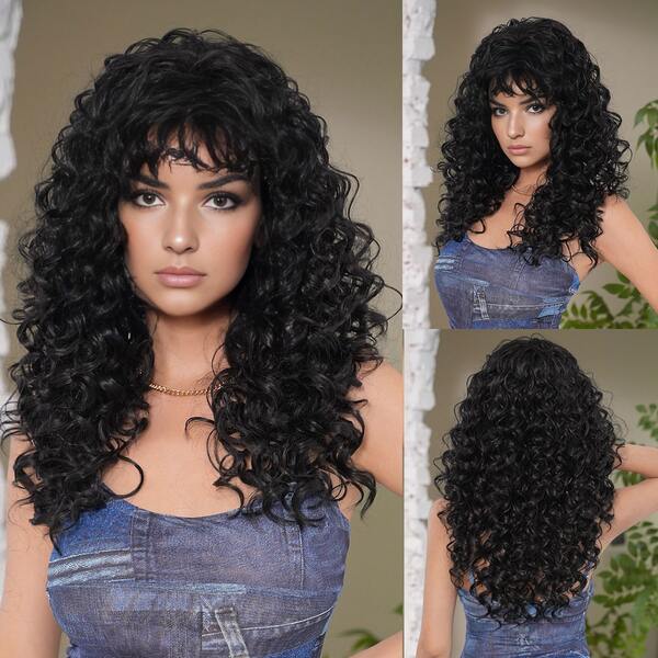 PIAOYUN 24 Zoll auffallende schwarze Afro Kinetik Perücken, lange lockige Wellenform am Stirnbereich enthalten, Haarstyling Accessoires für den Alltag