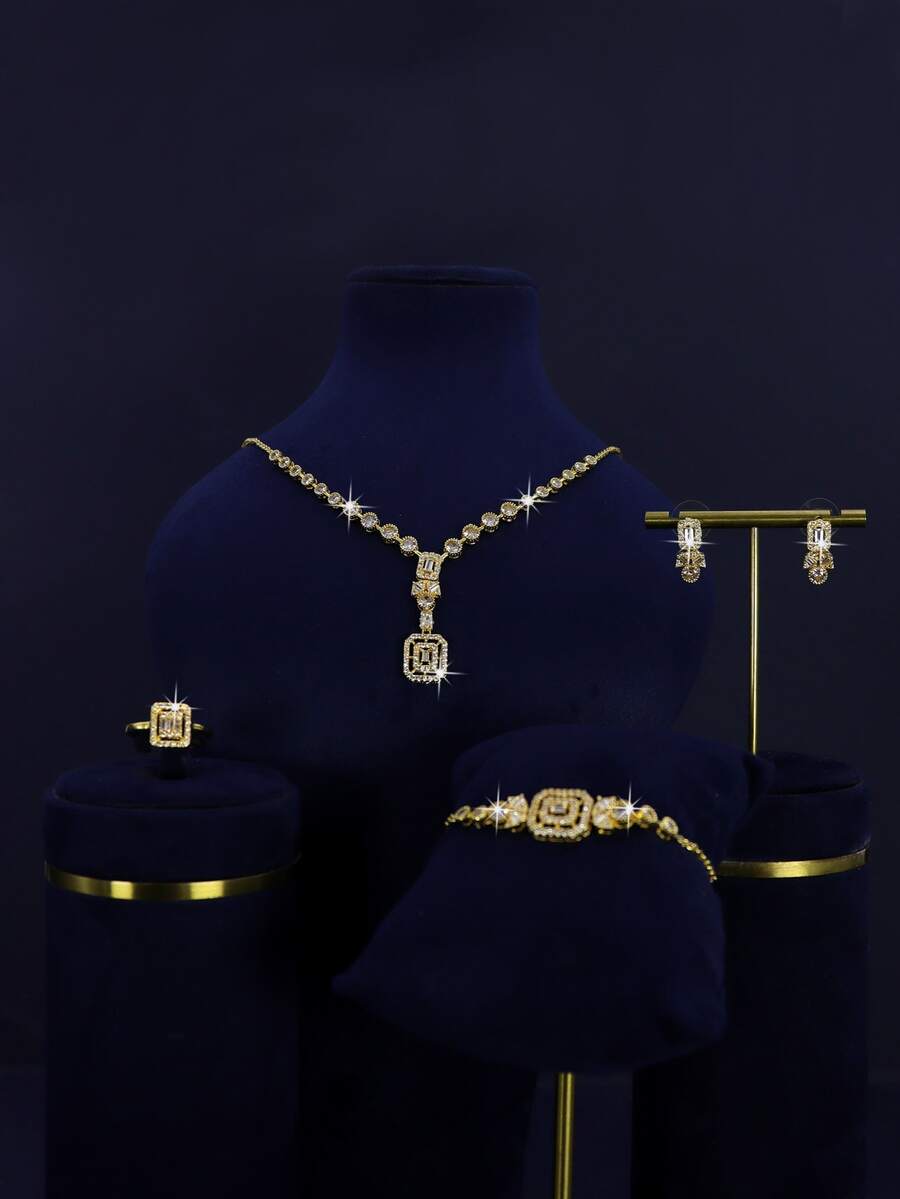 Juego de 5 piezas de accesorios de boda para mujer con diseño cuadrado, adecuado para uso casual o de temporada de bodas, accesorios delicados y sencillos, regalo para madre, amiga, Navidad - Conjunto de boda cuadrado geométrico - Ver 1