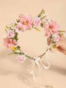 1 pezzo Corona di fiori rosa a forma di rosa, stile bohémien, romantica per la sposa in stagione di matrimoni, corone, tiare, copricapo, ghirlanda per capelli - Rosa - Visualizzare 1