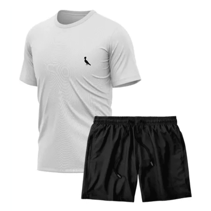 KIT MEN'S SET BERMUDA SHORTS TACTEL + DRY FIT SPORTS SHIRT GYM BASIC - 黑與白 - 查看 1