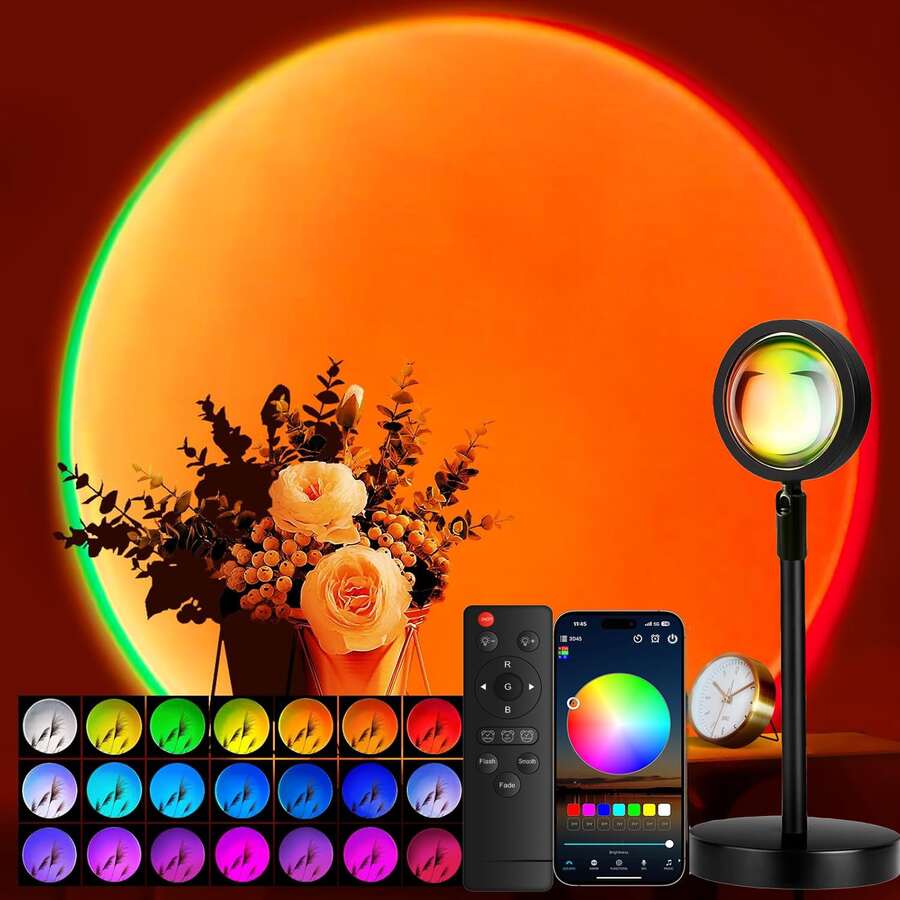 Sunset Lamp Projector LED Lights For Room Aesthetic Night Light W/ Remote& APP 16-Color Dimmable 16 Modes Ambient Projection For Bedroom, Living Room, Party, Photography Background, Romantic Dates, Four Seasons Home Halloween Decor, House Warming Gift - H7020多色光 - 查看 1