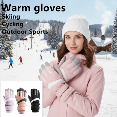 1 双防风保暖触摸屏冬季手套，滑雪手套，高品质，防滑橡胶垫，拉链封口，适合户外运动，寒冷天气滑雪和骑摩托车，触摸屏，防滑，保暖羊毛衬里，适合骑自行车、徒步旅行、滑雪、户外活动，户外运动手套