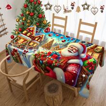 1/20 szt. świąteczny obrus, luksusowy, uroczy obrus z motywem Świętego Mikołaja, kolorowe prezenty świąteczne, dekoracja w świątecznym klimacie, żywa aranżacja stołu do jadalni, odpowiednia do kuchni, stołu jadalnego, świątecznego przyjęcia, pikniku na świeżym powietrzu - Wielokolorowe - Zobacz 2