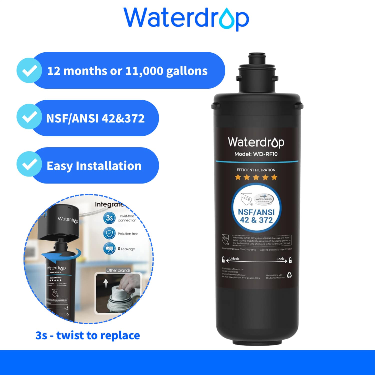 Waterdrop WD-RF10 Water Filter, NSF/ANSI 42 Certified, 30,000 Liter High Capacity, Replacement For Watertrop Under Counter Water Filtration System - Black - View 1