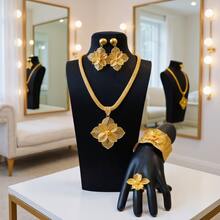 5 قطع/مجموعة مجوهرات عربية تقليدية أنيقة لعيد الأضحى للعروس، تشمل قلادة بزهرة مفرغة، خاتم، سوار، أقراط، مناسبة لاكسسوارات الزفاف والحفلات