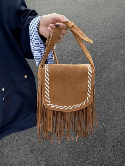 Bolsa de ombro transversal com borla bordada vintage, pequena, minimalista e moderna