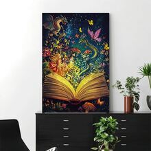 Framed 2D Canvas Modern Wall Art 1pc Enchanted Fantasy World Canvas Poster - Open Book Magical Dragons, Butterflies, Fairy In Mystical Forest - Vintage Gothic Wall Decor - Ready-To-Hang Wrapped Canvas Print For Living Room, Bedroom, Home Office - Graduation Gift For Fantasy Lovers, Fairy Decor, Classic Art, Wooden Frame, - Framed(框架) - 查看 2
