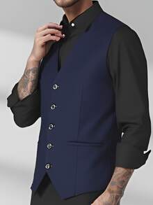 Men's Solid Color Classic Business Casual Formal Vest, Suitable For All Seasons - Navy Blue - View 6