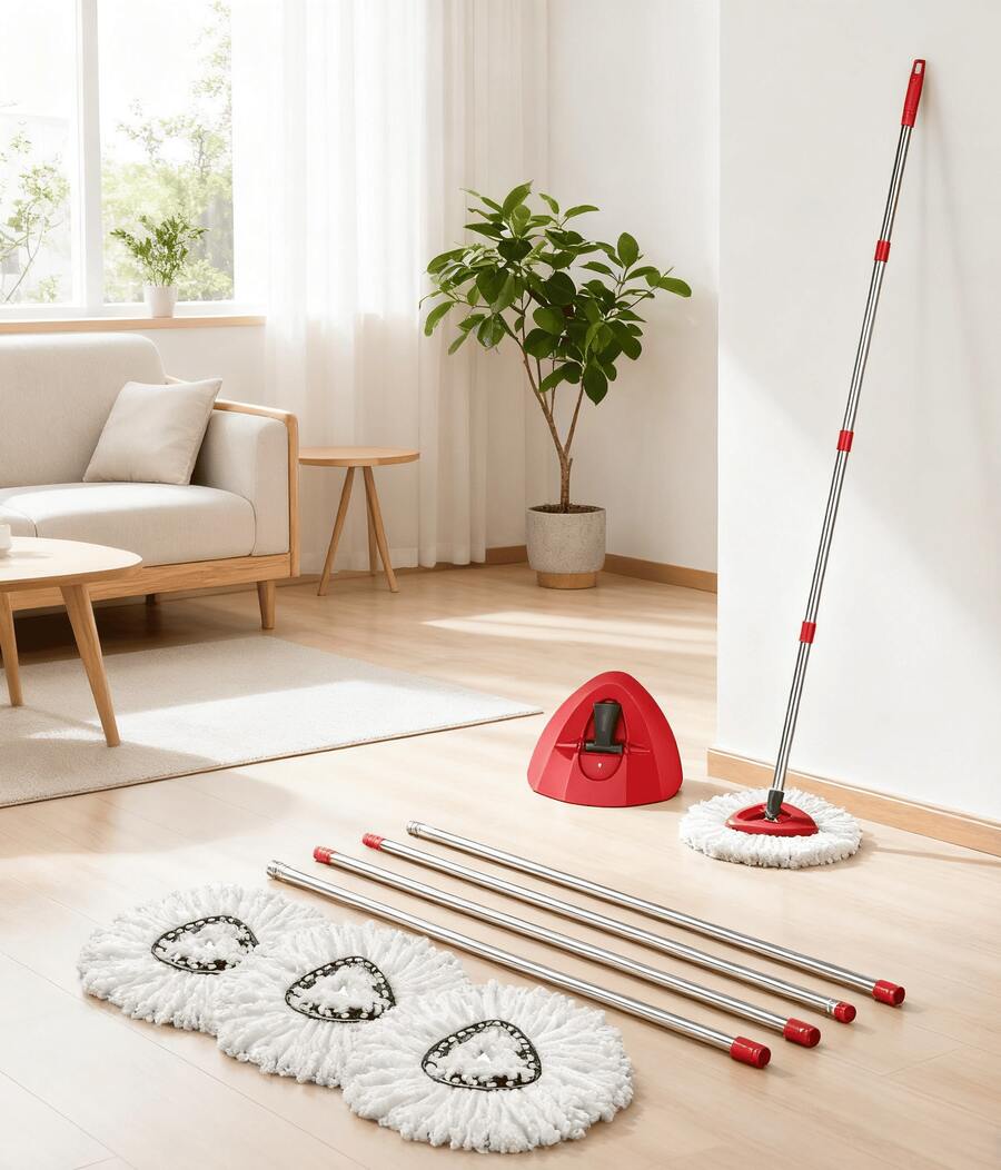 O-Cedar Compatible Spin Mop And Bucket Replacement Set - Adjustable 30 To 58 Inch Handle With 4 Refill Heads, Complete Mop System For Deep Cleaning Floors - Đỏ - Xem 1