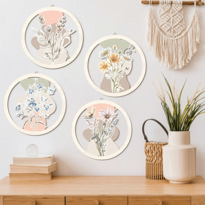 4pcs Wooden Bohemian Minimalist Floral Wall Decor, Farmhouse Watercolor Hanging Plant Hanging Wooden Wall Decor, Geometric Background Wooden Sign, Suitable For Bedroom/Bathroom/Living Room Home Decoration