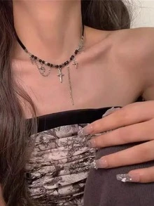 1pc Rivet, Crystal Beaded, Geometric Pendant Tassel Punk Stainless Steel Multicolor Necklace, Suitable For Women, Dance, Music Festival, Party, Daily Outfit Accessory