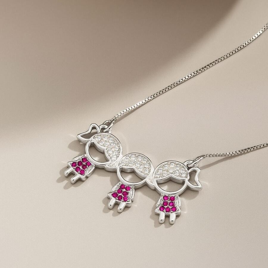 Delicate Women's Necklace With Children's, Boy's And Girl's Pendants, Plated In 18K Gold And 925 Silver With Zirconias - 3 menina (Prata) - 查看 1