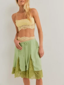 Womens Free Lace Trim Patchwork Wide Leg Half Slip People Fp  Knee Length Ruffle Hem Flowy Shorts With Pockets Y2k Going Out Swing Drawstring Bloomer Skort Cute Low Rise Satin Capri Mid Pants - Green - View 2