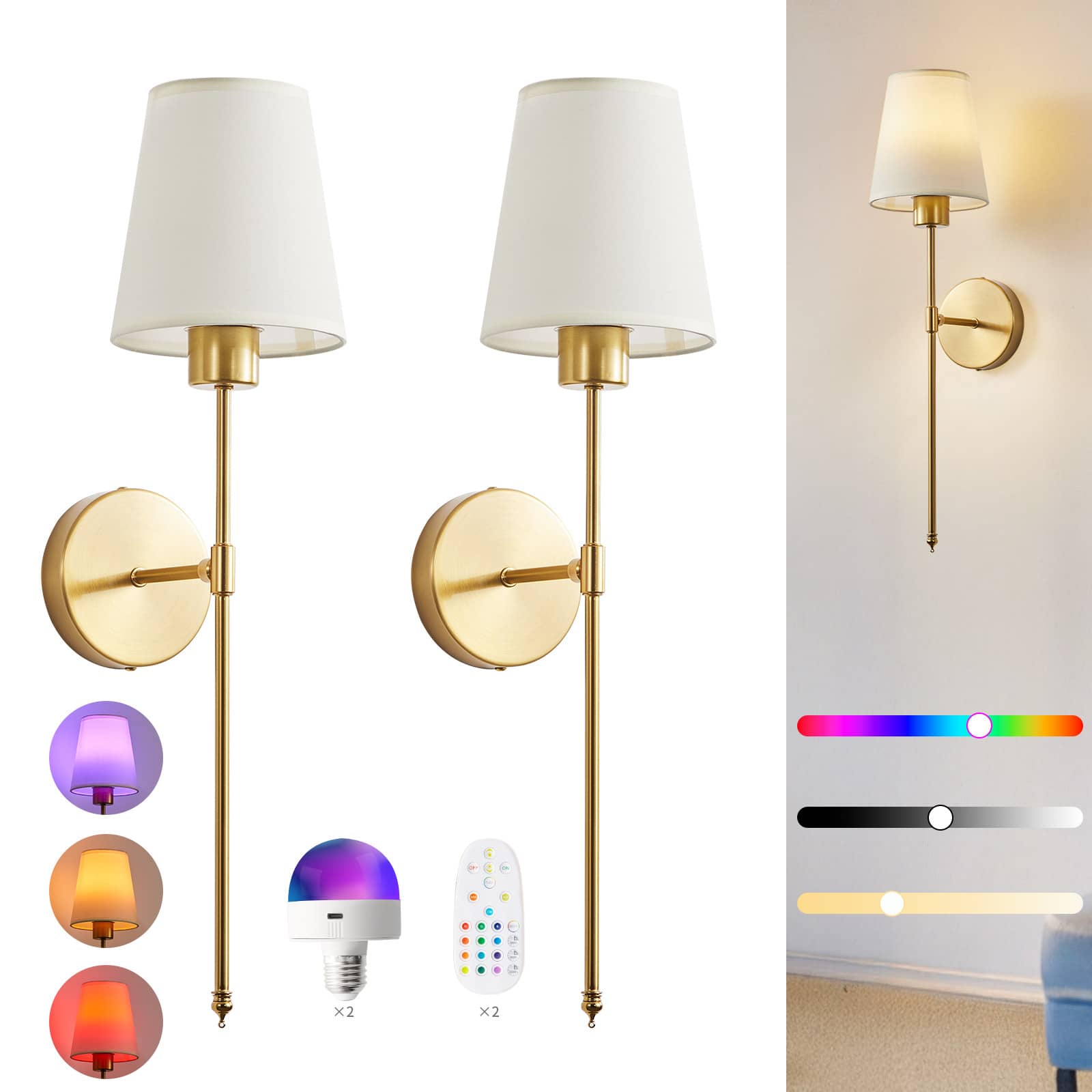 "2-Pack Rechargeable RGB Wall Lights With Remote – 15-Color Dimmable Sconces For Bedroom, Living Room, Hallway, Bathroom, Kitchen, And Closet" - Gold - View 1