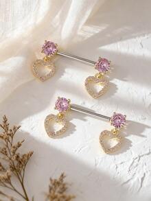 2pcs Heart Shaped Nipple Piercings, Women's Artificial Zirconia Nipple Rings, Party Jewelry