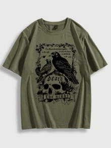 Raven Skull Unisex Cotton Slogan T-Shirt - 軍綠色 - 查看 6