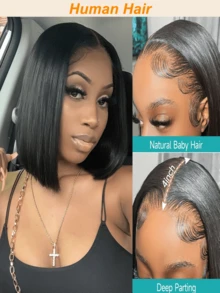 Super Double Drawn 180% Density 13x4 Transparent Lace Bob Wig Silky Straight #1B Hair Pre Plucked Natural Hairline For Women Christmas Gift New Year Party Wig Holiday Wig Festive Style - SNatural - View 8