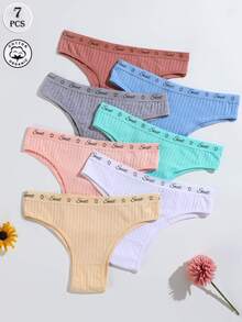 7 Stücke Damen Uni & Bedruckte Minimalistische Lässig Doppelschicht Schritt Höschen, Damen Unterwäsche