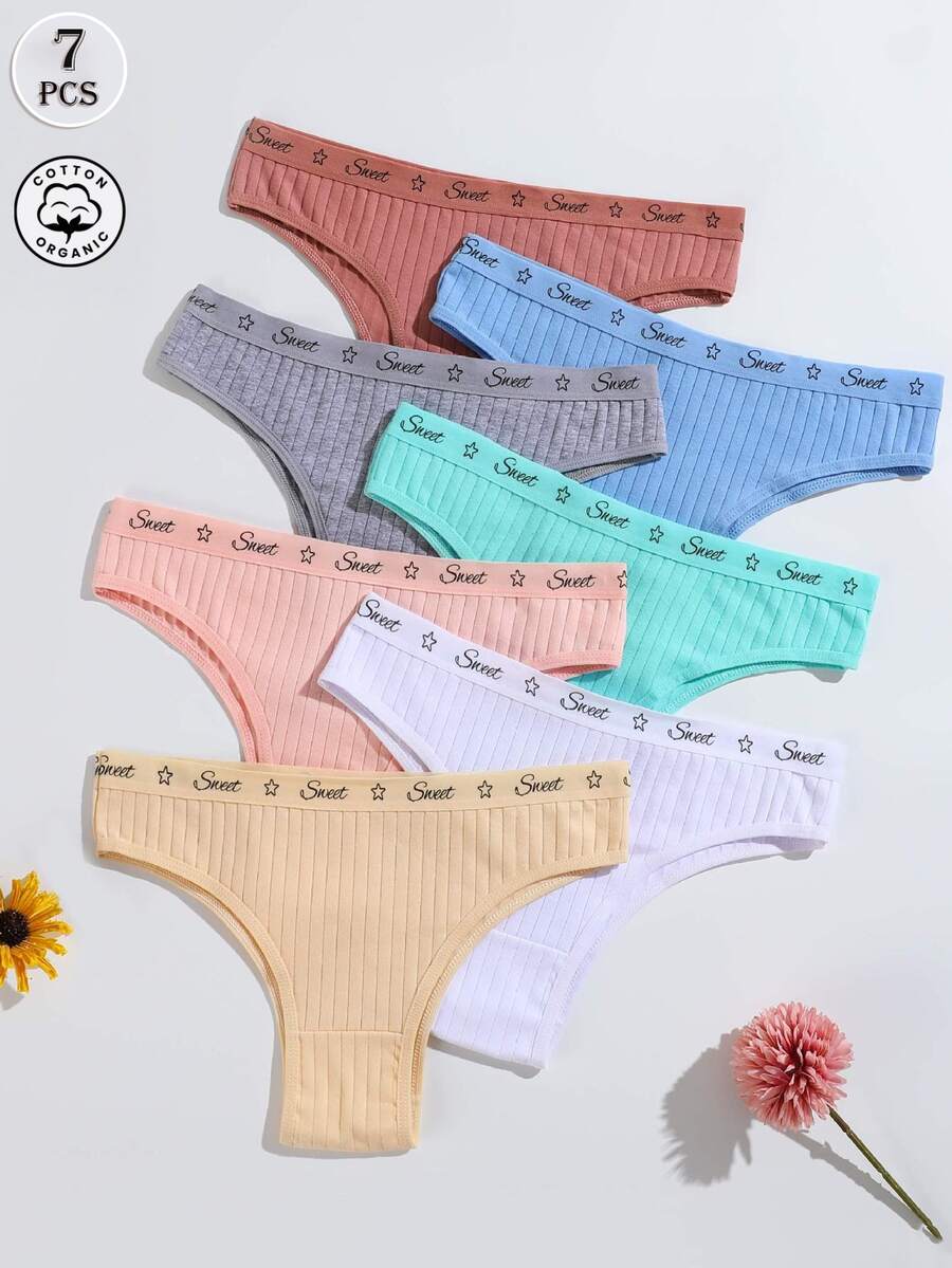 7 Stücke Damen Uni & Bedruckte Minimalistische Lässig Doppelschicht Schritt Höschen, Damen Unterwäsche