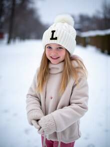 1 chiếc mũ len thêu chữ cá nhân hóa cho bé gái, mũ len trẻ em 26 chữ cái, mũ len xoắn mùa đông mới, mũ lông cừu dày dặn có quả bông mềm mại, mũ len giữ ấm màu trơn cho trượt tuyết. - trắng - Xem 3