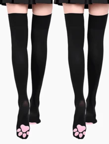 1/2 Pair Cat Paw Thigh High Socks 3D Toe Bean Stockings Cosplay Socks For Women Performance Party Wear - 黑色+黑色 - 查看 10