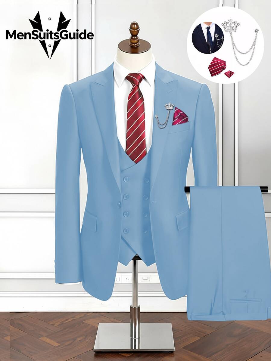 Mens Slim Fit 3 Piece Suit Blazer Vest And Pants Set Tailored Peak Lapel One Button Blazer Double Breasted Vest Sharp Modern Gentleman Look For Prom Wedding Grooms Business Office Parties XS To 5XL Effortless Power Style - 淺藍色 - 查看 1