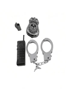 5 قطع طقم زي ضابط للأطفال، تنكر وتمثيل أدوار، يشمل القيود، شارة الشرطة، عصا، صفارة (طراز جهاز اللاسلكي عشوائي) (قيود طراز قديم/جديد عشوائي)، هدية معدات الأحلام، هدية مفاجأة، هدية عيد ميلاد، هدية عيد الميلاد، هدية عيد الهالوين، لعبة