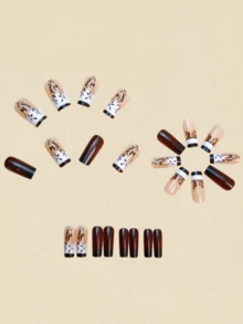 Brown Leaf Pattern Nails,French Tip Nails,Fall Nail Stickers,Suitable For Festivals, Parties, Friends' Gatherings, Dates, And Daily Wear, It Is The Perfect Nail Art Gift For Ladies Or Girls. Press On Nails