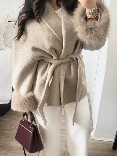 Romantic, Elegant, Minimalist Casual Fashion Commuter Long Sleeve Warm Coat, Solid Color Faux Fur Trim, Women Overcoat For Holiday, Evening Date, Office, Vacation, Autumn/Winter